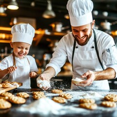 A joyful moment between a chef and a child as they bake cookies together, surrounded by flour and fresh cookies.