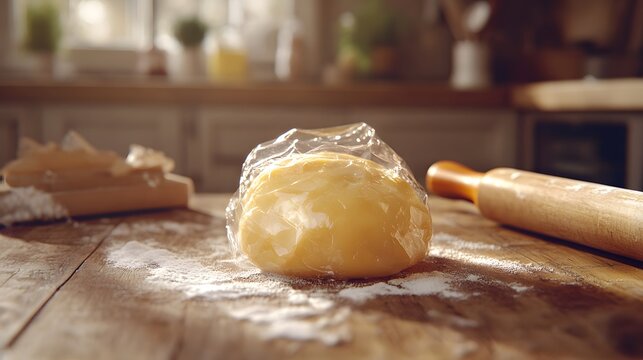 The Art of Pastry Making: A Close-Up of Golden Shortcrust Dough on a Floured Surface