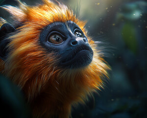 Fototapeta premium Close-up of golden lion tamarin, showcasing its orange fur and dark face, creating a striking contrast, representing exotic wildlife and nature's beauty