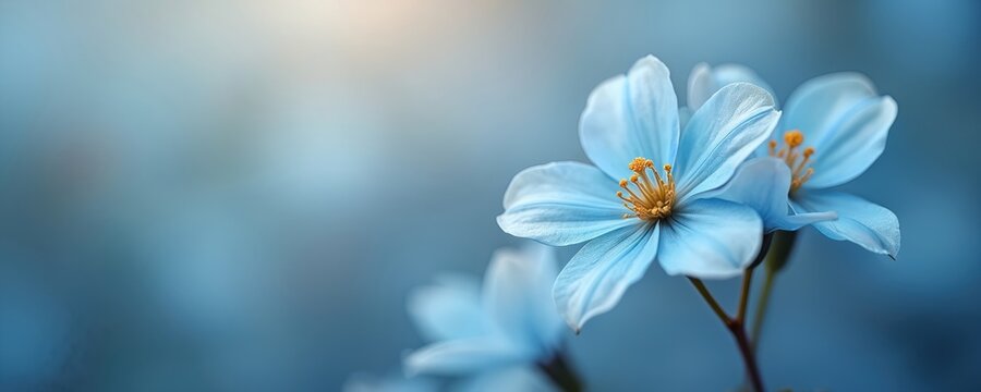 Close-up on blue anemone flower with yellow stamen on blurry toned blue background. Floral bloom presents elegant spring blossom. Flower petals show nature beauty at summertime. Delicate flower