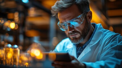 A scientist in a lab coat examines data on a device while surrounded by various glass containers and glowing apparatus. The environment suggests advanced quantum research and experimentation.