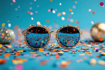 Colorful confetti falling on a blue background. Birthday party decoration, celebration, glasses,and happy holiday concept. Real photo.