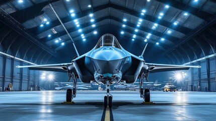 F-35 fighter jet parked in a hangar with lights on, facing the camera, showcasing advanced military aviation technology and stealth design in a high-resolution, photorealistic setting.