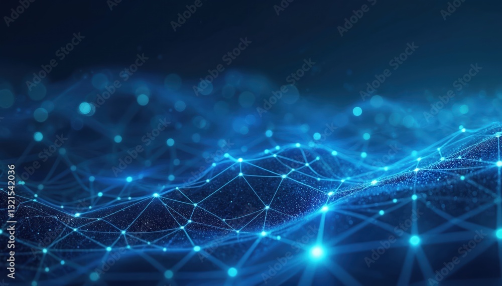 Poster vibrant blue abstract tech background with intricate glowing lines, blurred dots. digital art geomet