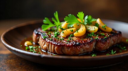 A succulent grilled meat entree, perfectly seared and glistening, is elegantly presented on a rustic plate with a flavorful reduction sauce and garnished with fresh herbs and fruit