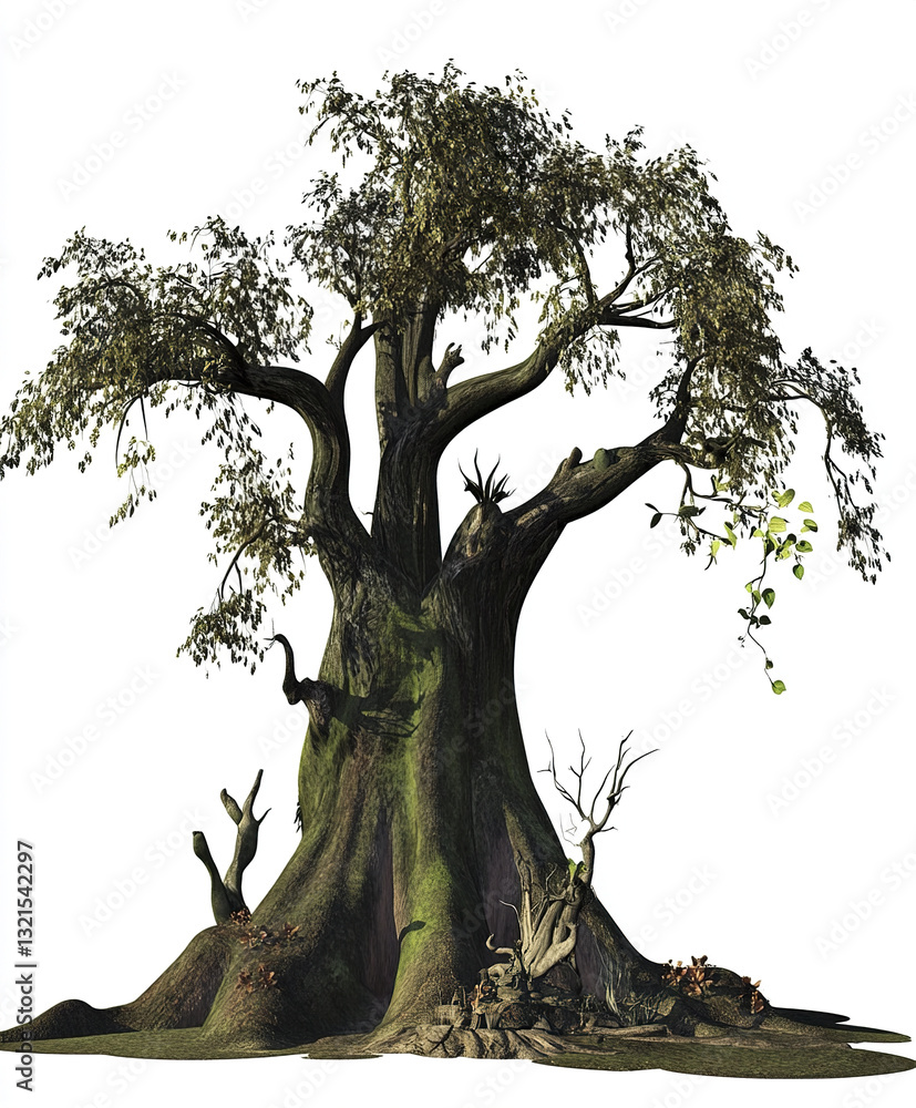 Poster ancient tree with sprawling branches in whimsical fairytale forest