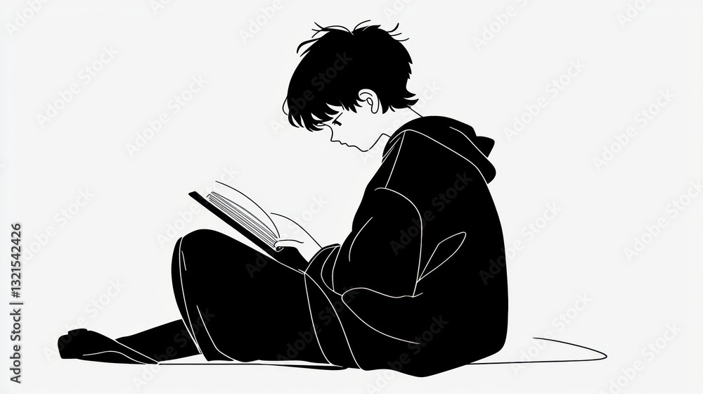 Poster simple cartoon drawing of a person reading a book on the floor in a minimalistic style