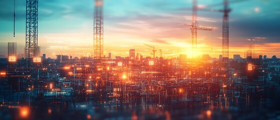 Fototapeta premium Sunset over industrial cityscape