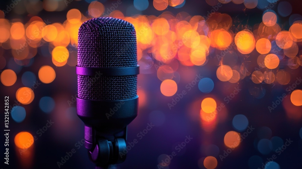 Poster captivating microphone illuminated by a symphony of warm and cool bokeh lights