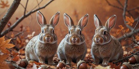 Fototapeta premium Three Rabbits Artwork with Warm Autumn Colors and Playful Feel