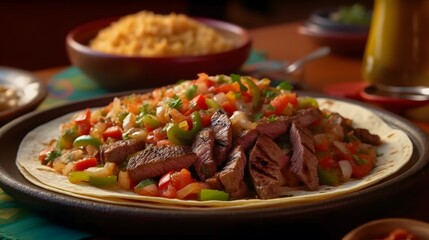 An Unforgettable Dining Experience with Mouthwatering Steak Fajitas Accompanied by Mexican Rice and Refreshing Margarita
