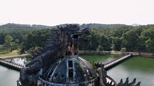 Drone on Thuy Tien Lake, Waterpark in Hue, Vietnam, 180&deg; pan