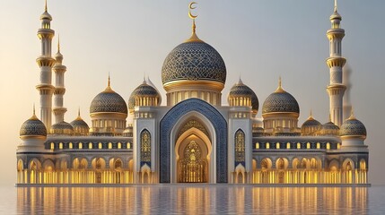 Fototapeta premium Majestic Mosque at Dawn, Golden Reflection