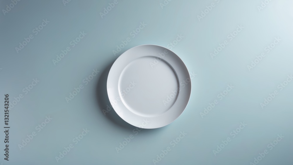 Poster empty white plate resting on a light blue surface, creating a minimalist and serene atmosphere at mi