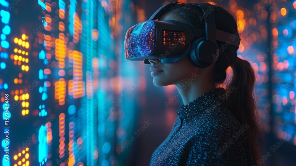 Poster A person wearing a virtual reality headset engages with vibrant quantum data visualizations, illustrating concepts like superposition and entanglement in a futuristic setting.