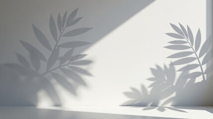 Serene Minimalist Interior Scene Featuring Sunlight and Plant Shadows on a White Wall