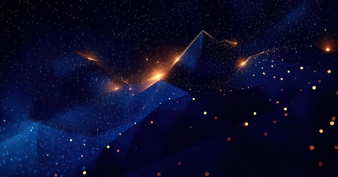 Futuristic Abstract Digital Art Deep Blue Geometric Design with Glowing Golden Particles