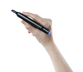 Woman with double sided marker on white background, closeup