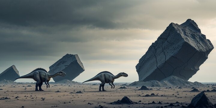 Extinction scenes with dinosaurs and meteorites.