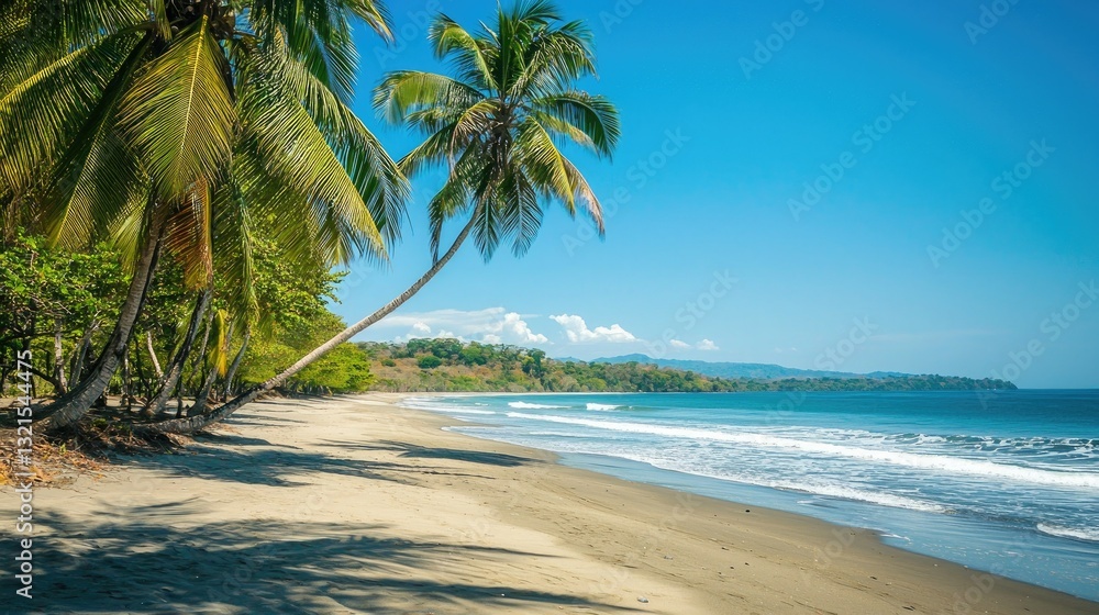 Poster a tropical beach with tall palm trees swaying in the breeze under a clear blue sky.