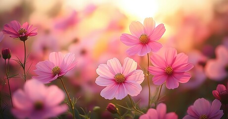 Colorful cosmos flowers in a meadow at sunset, a spring floral background with space for your design. 