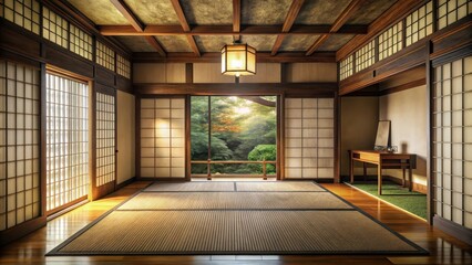 Fototapeta premium Traditional Japanese Bedroom, rice paper curtains, calming ambiance