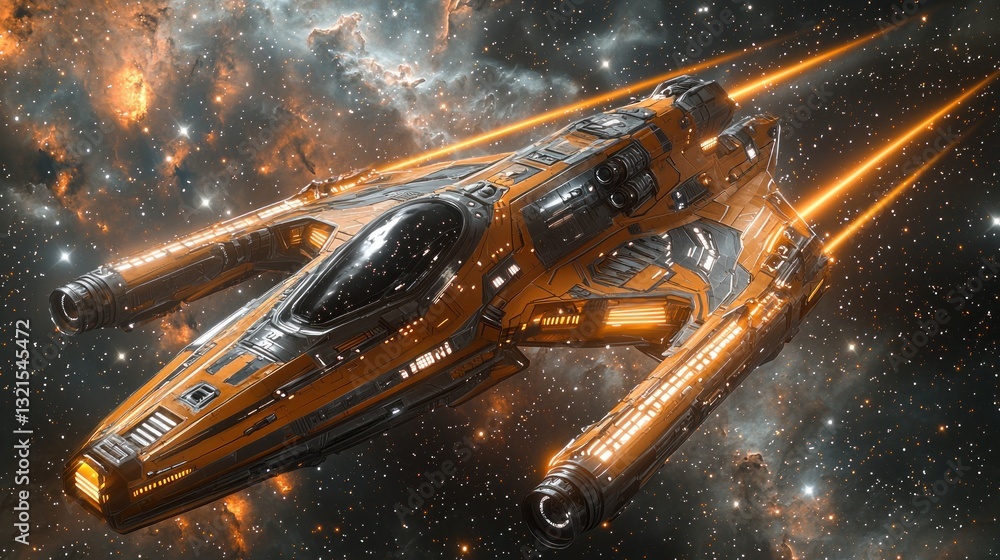 Poster advanced spacecraft navigating through a vibrant interstellar nebula