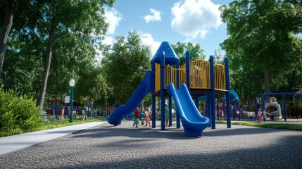 Children Playing on a Sunny Day at a Colorful Playground with Blue and Yellow Structures