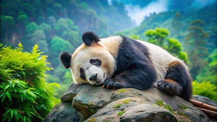 Obraz premium Adorable giant panda bear sleeping peacefully on a large rock with soft, fluffy fur and closed eyes, surrounded by lush greenery in a mountainous landscape , wildlife, animal