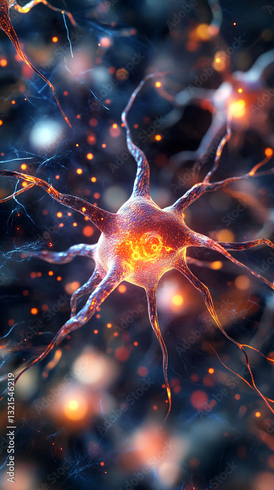 Poster close-up of neuron cell, glowing orange and blue, intricate network, representing neural activity, c