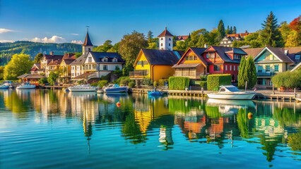 Fototapeta premium Beautiful lakeside village with colorful houses and boats in Velden at the W?rthersee in K?rnten, rural, silhouette, rural