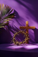 Crown of Thorns with Cross and Palm Leaf on Purple Background, Good friday