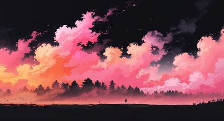 Obraz premium Abstract pink orange fog mist anime on plain dark black background illustration