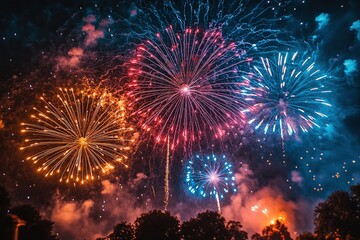 Festive, colorful fireworks display against a dark night sky background, real photograph.