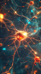 Close-up of neuron cell, intricate network of axons and dendrites, glowing orange and teal, representing neural connections, brain activity, and scientific concepts
