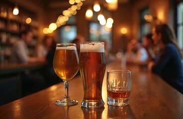 Close-up shot in a restaurant with a beer and whiskey glasses on wooden bar counter. Friends gather in a pub. Celebrate whiskey on party. Alcoholic beverages, leisure time, bar culture.