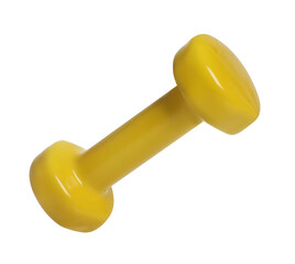 One yellow dumbbell isolated on white. Sports equipment