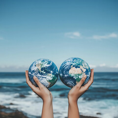 Hands holding two miniature Earth globes over an ocean background, symbolizing environmental conservation and global responsibility
