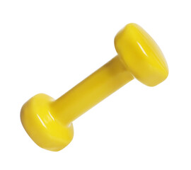 One yellow dumbbell isolated on white. Sports equipment