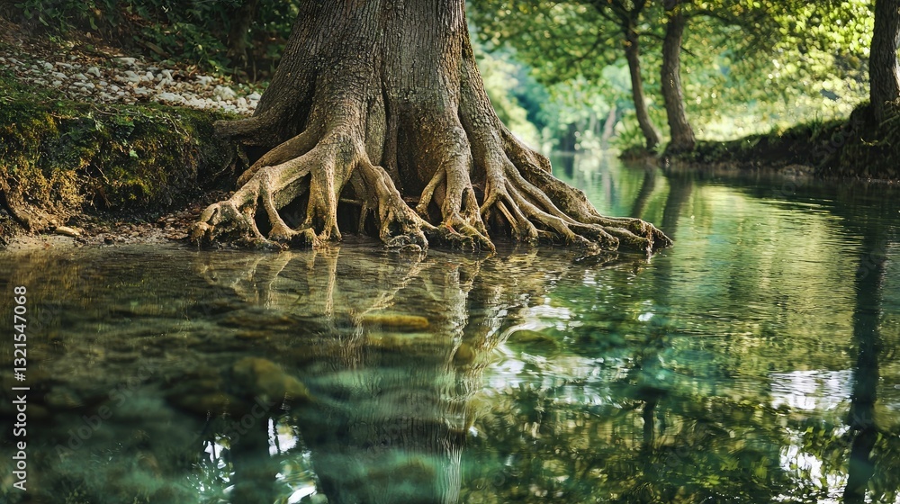 Poster A tree with roots partially submerged in a clear stream, reflecting in the water. 