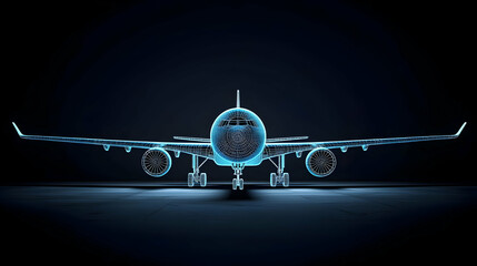 Front View of a Futuristic Wireframe Airplane Illuminated With Glowing Blue Light in a Dark Airport Setting