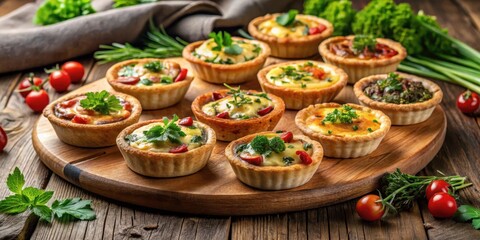 Fototapeta premium Mini quiches with various savory fillings arranged artfully on a wooden platter