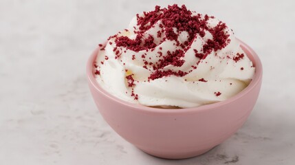 A Delectable Red Velvet Whipped Cream Dessert in a Pink Bowl