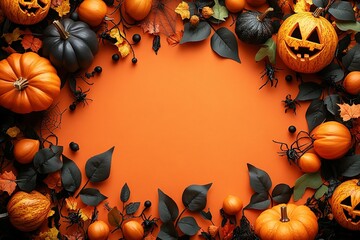 Halloween background with a frame made of spooky decorations on orange-colored paper, flat lay top view with copy space for text. 