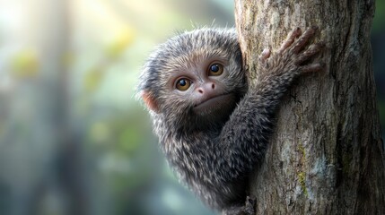 Naklejka premium Closeup of a Small Dark Grey Monkey Clinging to a Tree Trunk in a Sun Dappled Forest