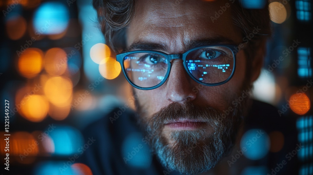 Poster A researcher examines data on a digital interface with glasses reflecting quantum computing concepts such as qubits and entanglement. The ambiance suggests a focus on algorithm innovation.