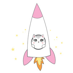 Cute Cat Riding Rocket Cartoon Vector Icon Illustration. Animal Science Icon Concept Isolated Premium Vector. Flat Cartoon Style