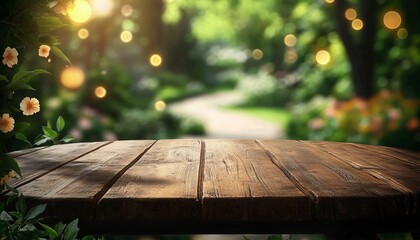 Rustic wooden tabletop in a lively garden with bokeh lights, perfect for spring-themed promotions, product displays, or event announcements.