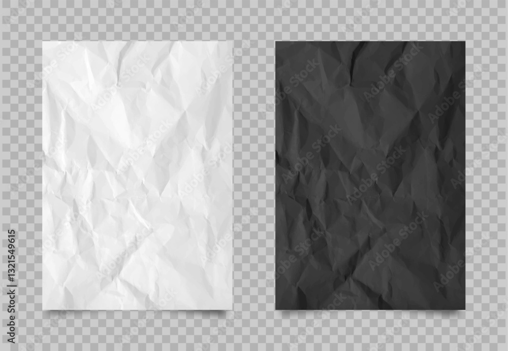 Aufkleber crumpled paper. realistic black, white paper sheets with crumpled texture. 3d wrinkled sheets in a4 