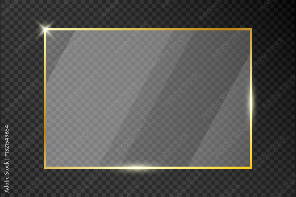 Poster Glass plate in golden frame on transparent background. Gold rectangle border with acrylic or plexiglass plates with gleams and light reflections. Vector.